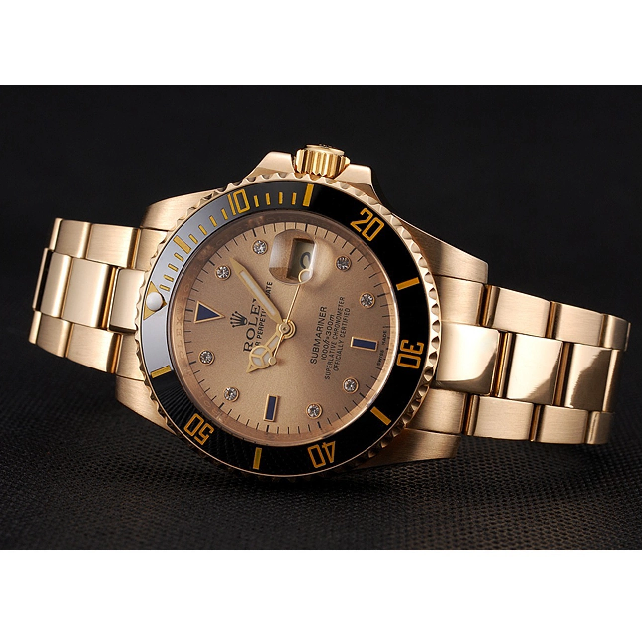 Best AAA Replica Sites Markings Diamond Dial Bracelet Black And Gold Rolex Yellow Submariner Bezel Case With Swiss Gold 0701